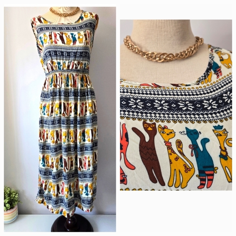 BEAUTY Cartoon Cat Patterned Lightweight Multicolor Sleeveless Midi Dress. Small